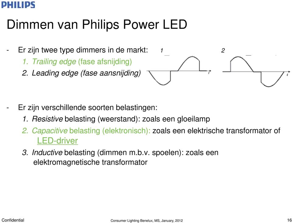 Resistive belasting (weerstand): zoals een gloeilamp 2.