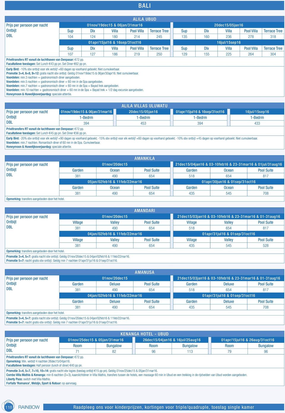 16sep/31oct16 16jul/15sep16 Sup Dlx Villa Pool Villa Terrace Tree Sup Dlx Villa Pool Villa Terrace Tree 107 127 186 219 250 129 155 225 264 304 Early Bird: -10% obv ontbijt voor elk verblijf +60