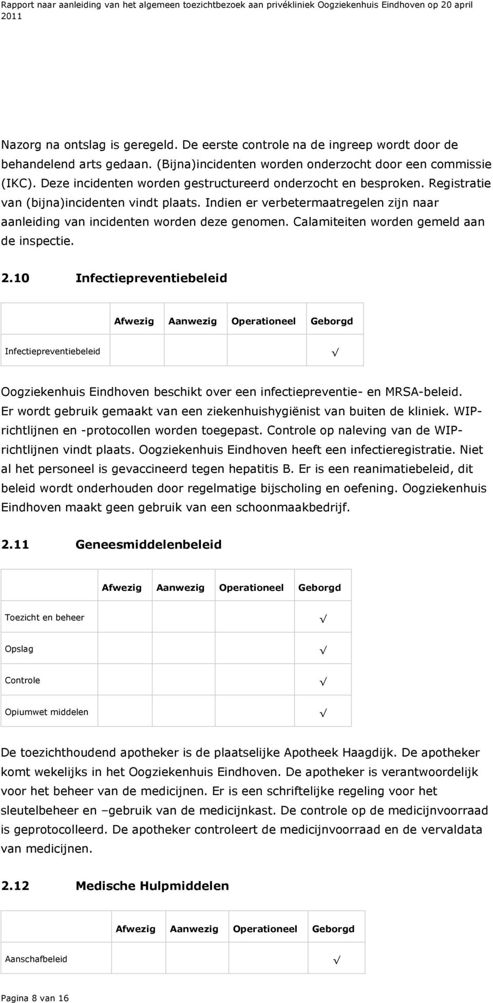 Calamiteiten worden gemeld aan de inspectie. 2.10 Infectiepreventiebeleid Infectiepreventiebeleid Oogziekenhuis Eindhoven beschikt over een infectiepreventie- en MRSA-beleid.