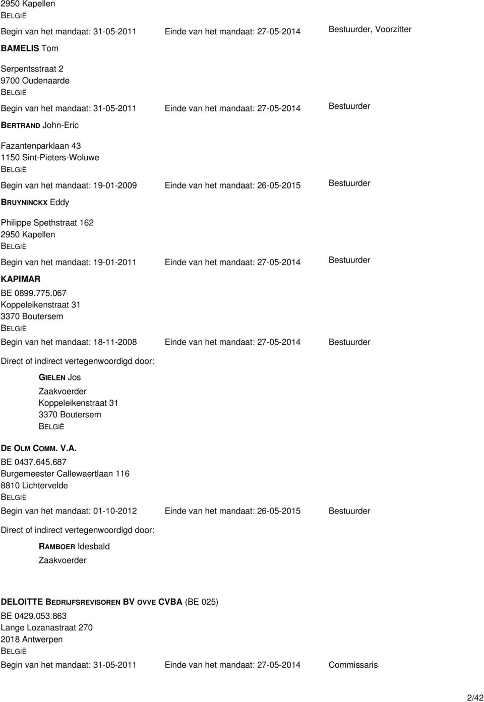 BRUYNINCKX Eddy Philippe Spethstraat 162 2950 Kapellen BELGIË Begin van het mandaat: 19-01-2011 Einde van het mandaat: 27-05-2014 Bestuurder KAPIMAR BE 0899.775.