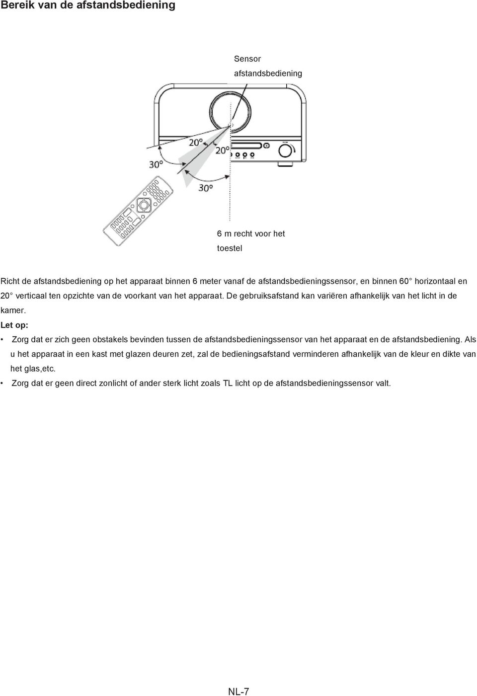 Let op: Zorg dat er zich geen obstakels bevinden tussen de afstandsbedieningssensor van het apparaat en de afstandsbediening.