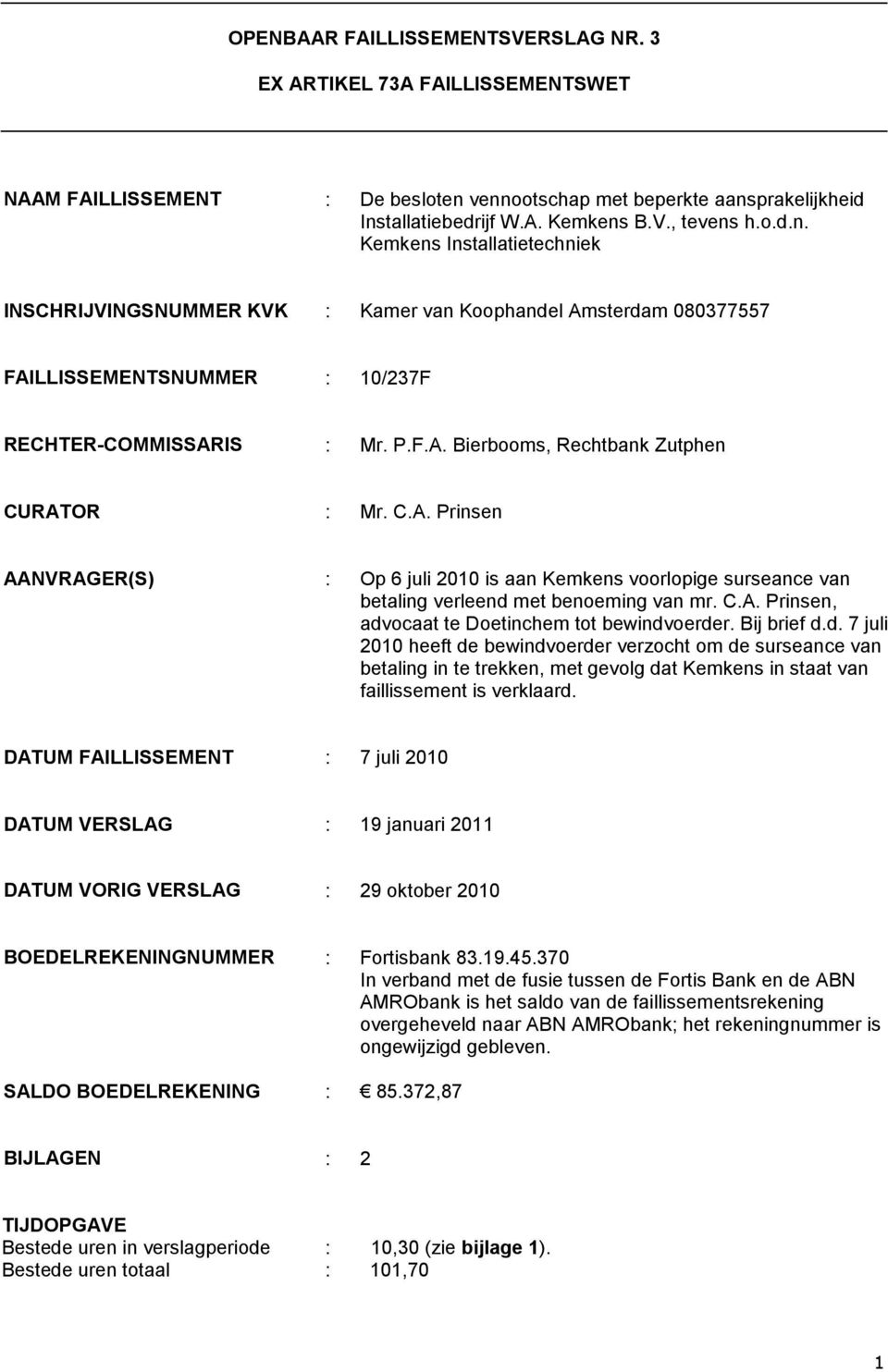 P.F.A. Bierbooms, Rechtbank Zutphen CURATOR : Mr. C.A. Prinsen AANVRAGER(S) : Op 6 juli 2010 is aan Kemkens voorlopige surseance van betaling verleend met benoeming van mr. C.A. Prinsen, advocaat te Doetinchem tot bewindvoerder.