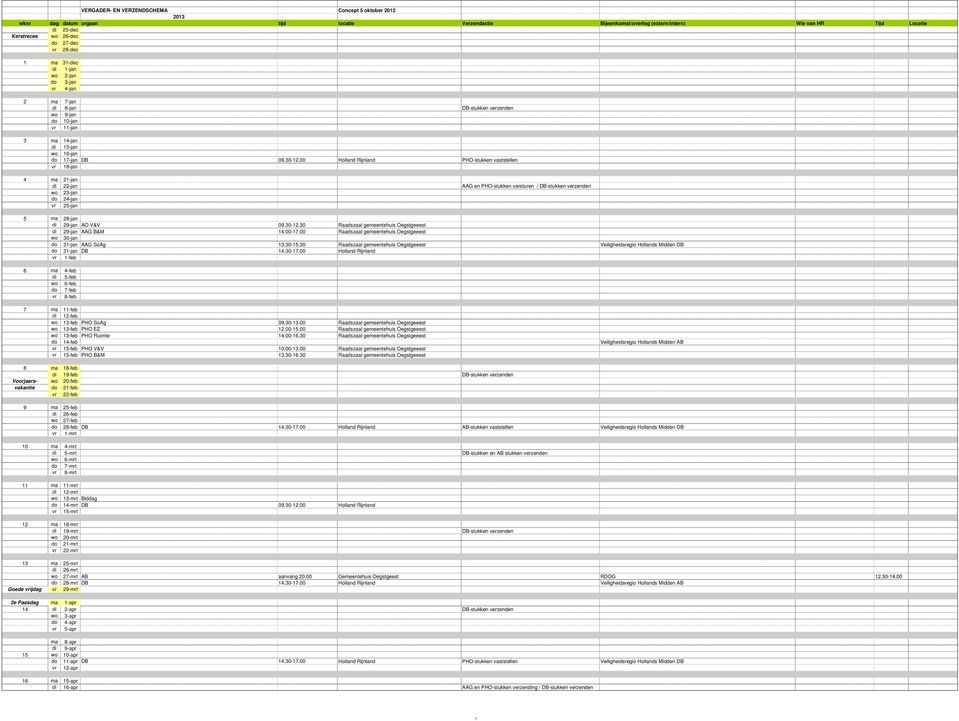 00 Holland Rijnland PHO-stukken vaststellen vr 18-jan 4 ma 21-jan di 22-jan AAG en PHO-stukken versturen / DB-stukken verzenden wo 23-jan do 24-jan vr 25-jan 5 ma 28-jan di 29-jan AO V&V 09.30-12.
