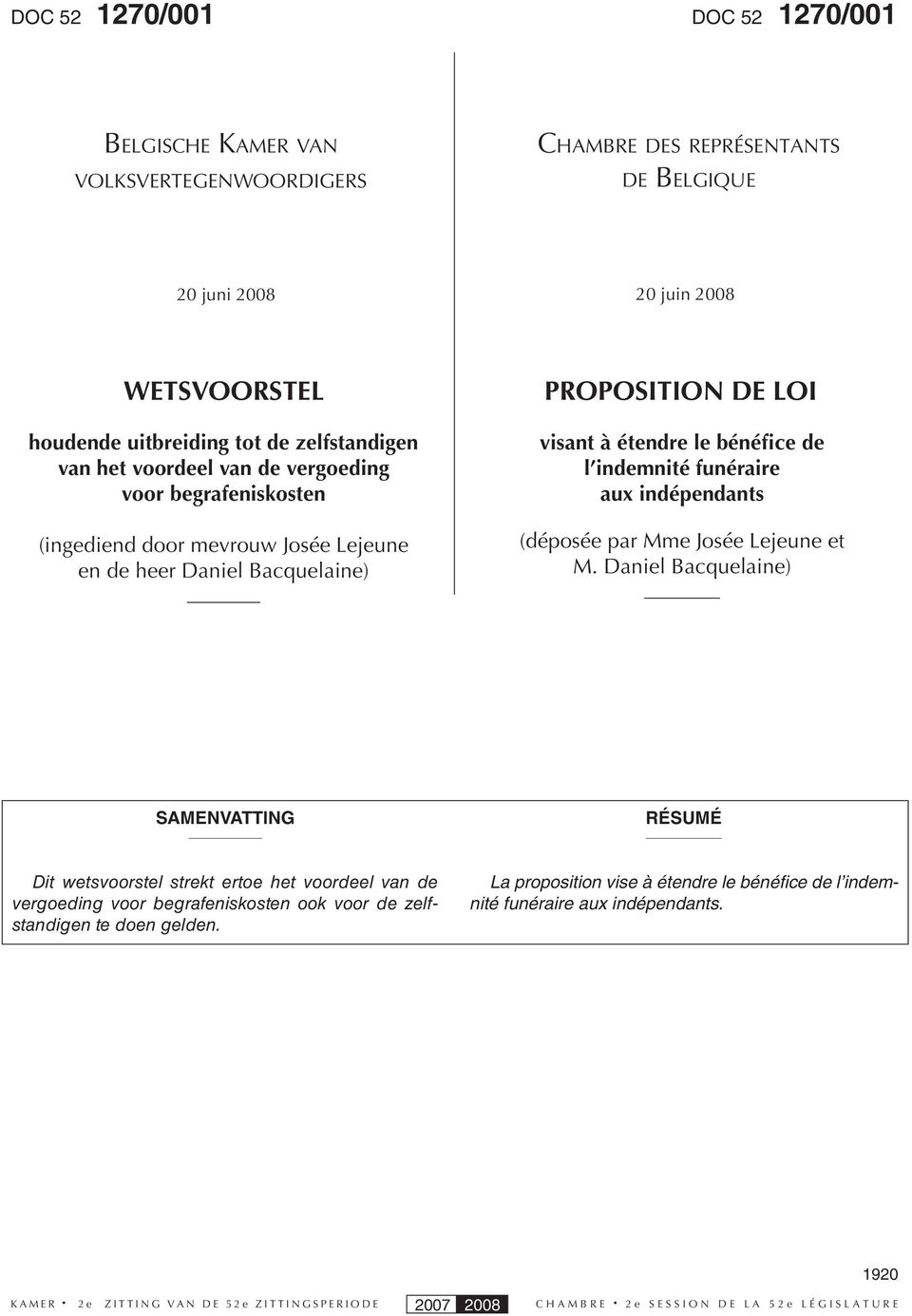 bénéfice de l indemnité funéraire aux indépendants (déposée par Mme Josée Lejeune et M.