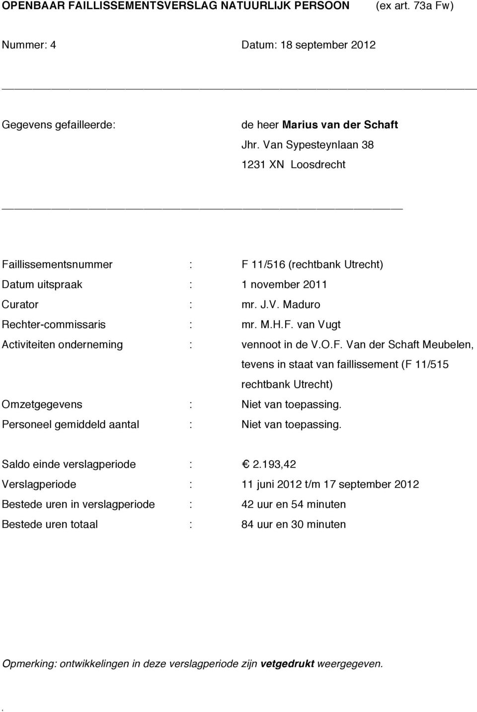 O.F. Van der Schaft Meubelen, tevens in staat van faillissement (F 11/515 rechtbank Utrecht) Omzetgegevens : Personeel gemiddeld aantal : Saldo einde verslagperiode : 2.