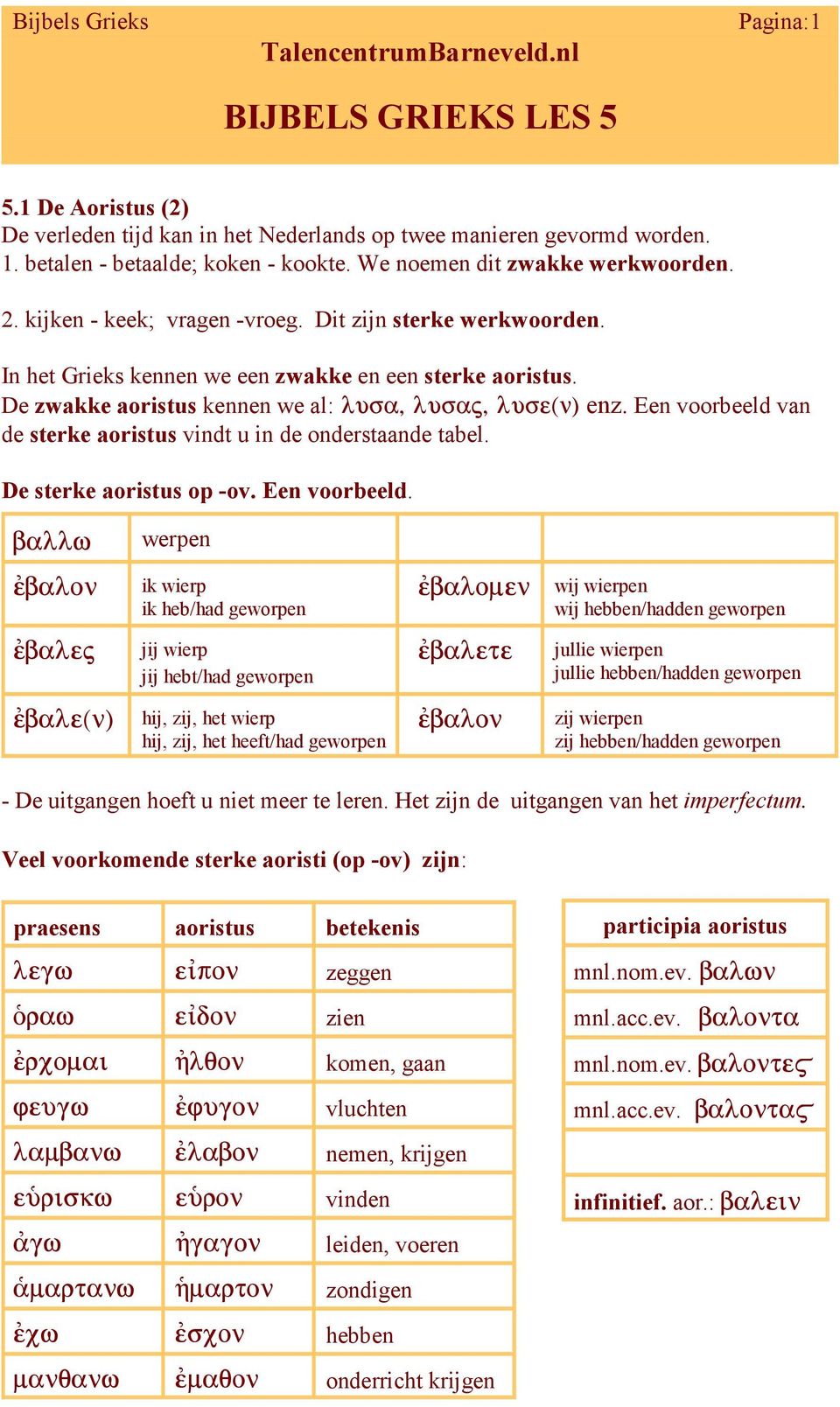 Een voorbeeld van de sterke aoristus vindt u in de onderstaande tabel. De sterke aoristus op -ov. Een voorbeeld.