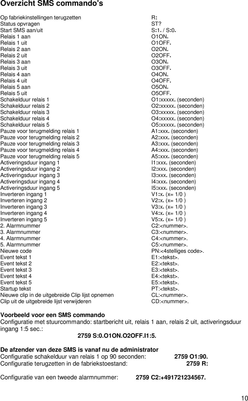 (seconden) Schakelduur relais 3 O3:xxxxx. (seconden) Schakelduur relais 4 O4:xxxxx. (seconden) Schakelduur relais 5 O5:xxxxx. (seconden) Pauze voor terugmelding relais 1 A1:xxx.