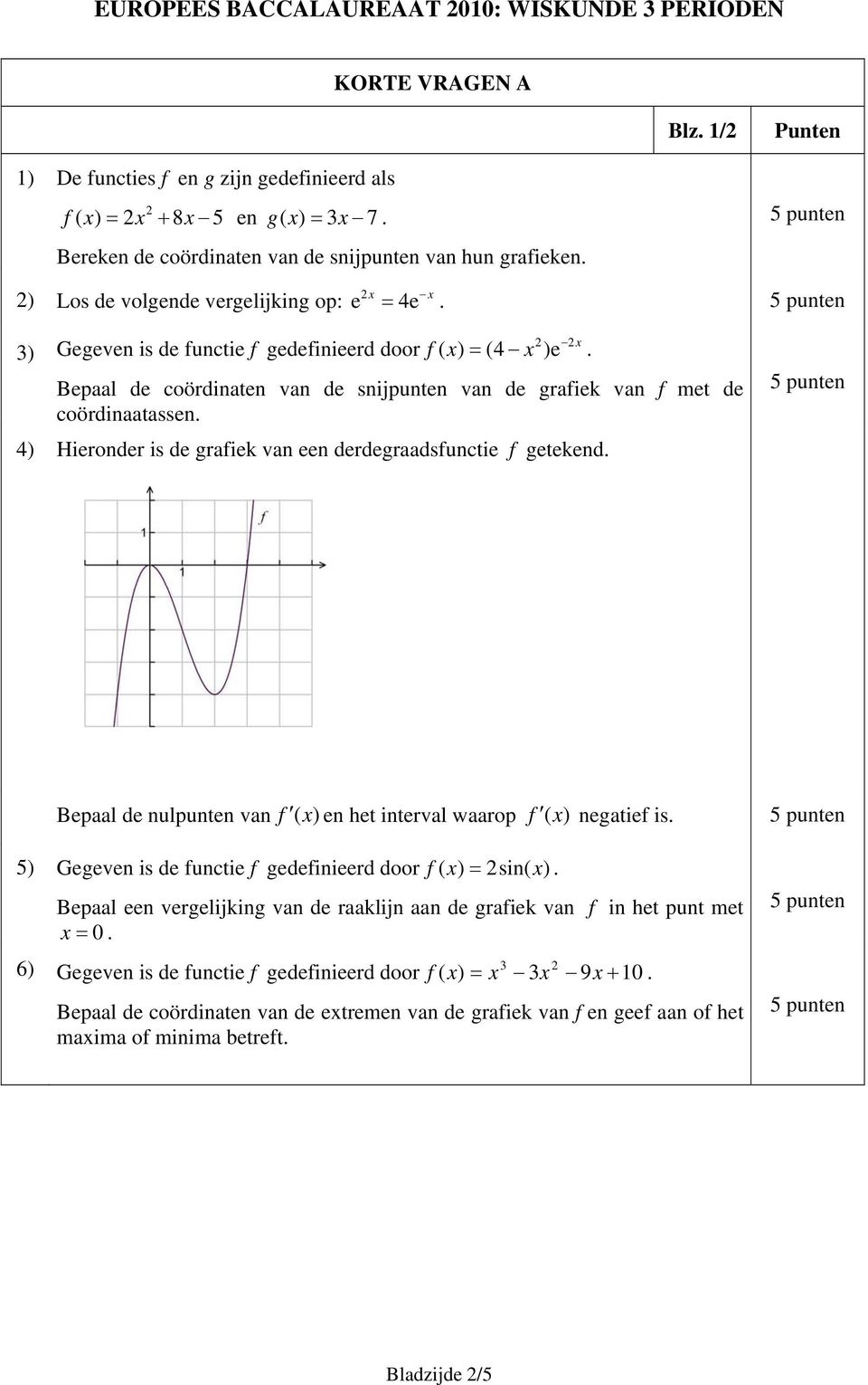 getekend Bepaal de nulpunten van f ( x) en het interval waarop f ( x) negatief is 5) Gegeven is de functie f gedefinieerd door f ( x) sin( x) Bepaal een vergelijking van de raaklijn aan de grafiek