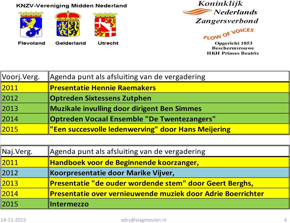 2011 2012 2013 2014 2015 Agenda punt als afsluiting van de vergadering Presentatie Hennie Raemakers Optreden Sixtessens Zutphen Muzikale invulling