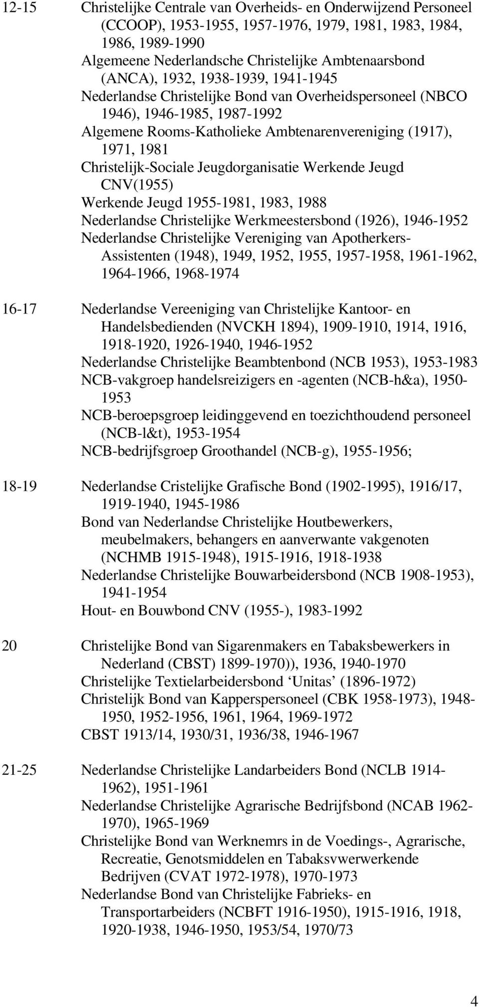 Jeugdorganisatie Werkende Jeugd CNV(1955) Werkende Jeugd 1955-1981, 1983, 1988 Nederlandse Christelijke Werkmeestersbond (1926), 1946-1952 Nederlandse Christelijke Vereniging van Apotherkers-