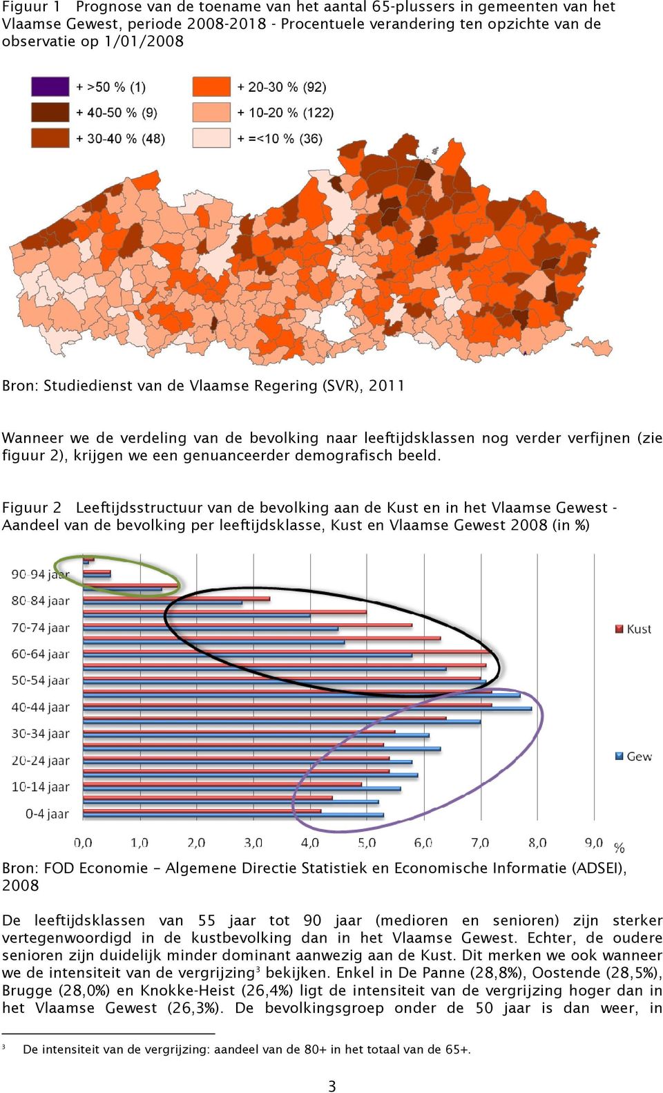 Figuur 2 Leeftijdsstructuur van de bevolking aan de Kust en in het Vlaamse Gewest - Aandeel van de bevolking per leeftijdsklasse, Kust en Vlaamse Gewest 2008 (in %) Bron: FOD Economie Algemene