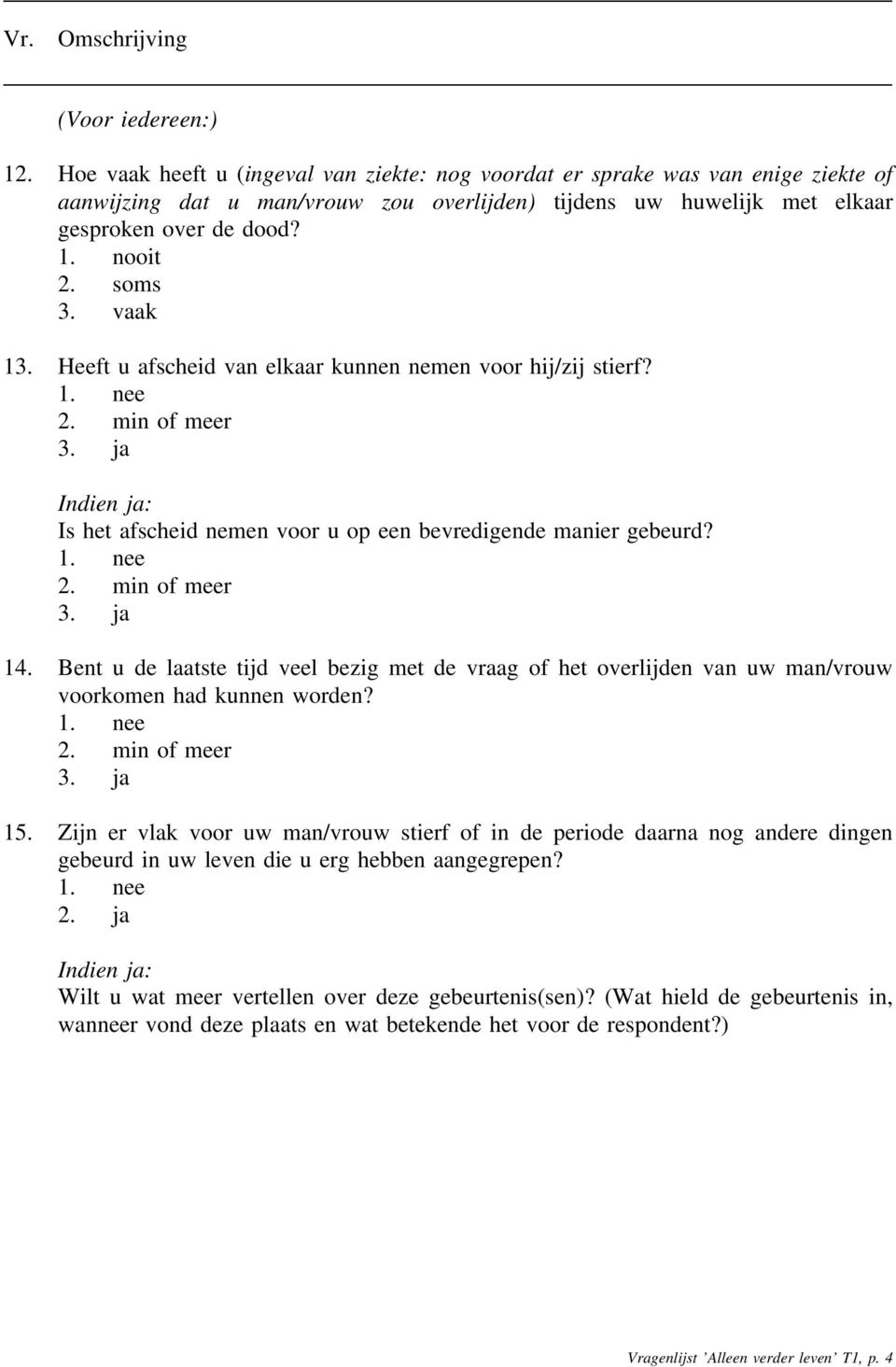 soms 3. vaak 13. Heeft u afscheid van elkaar kunnen nemen voor hij/zij stierf? 1. nee 2. min of meer 3. ja Indien ja: Is het afscheid nemen voor u op een bevredigende manier gebeurd? 1. nee 2. min of meer 3. ja 14.