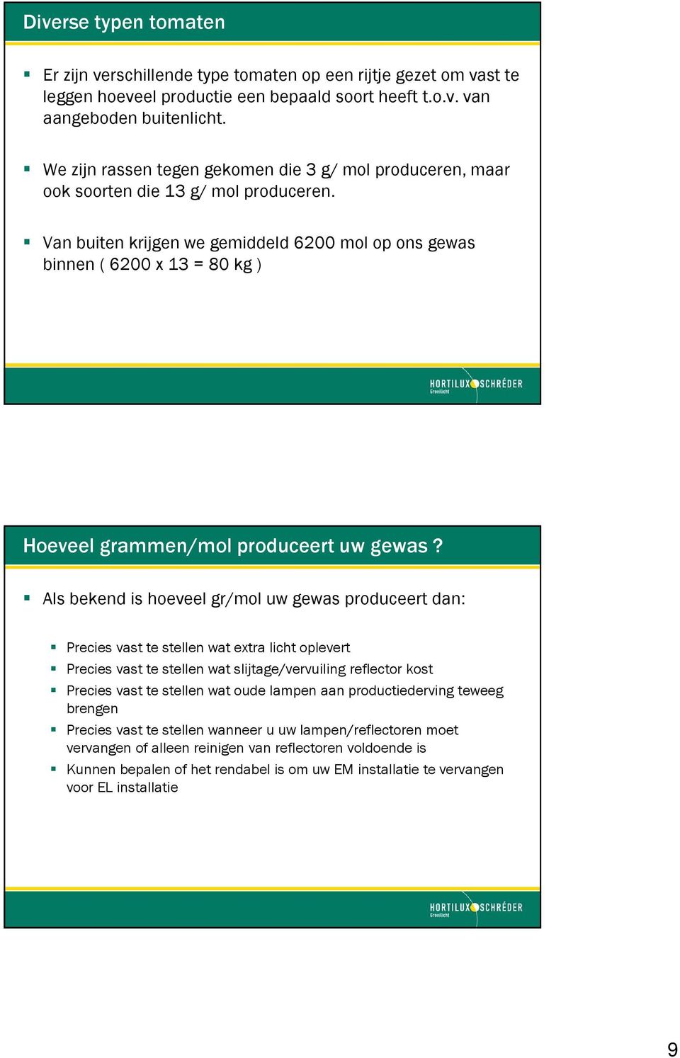 Van buiten krijgen we gemiddeld 6200 mol op ons gewas binnen ( 6200 x 13 = 80 kg ) Hoeveel grammen/mol produceert uw gewas?