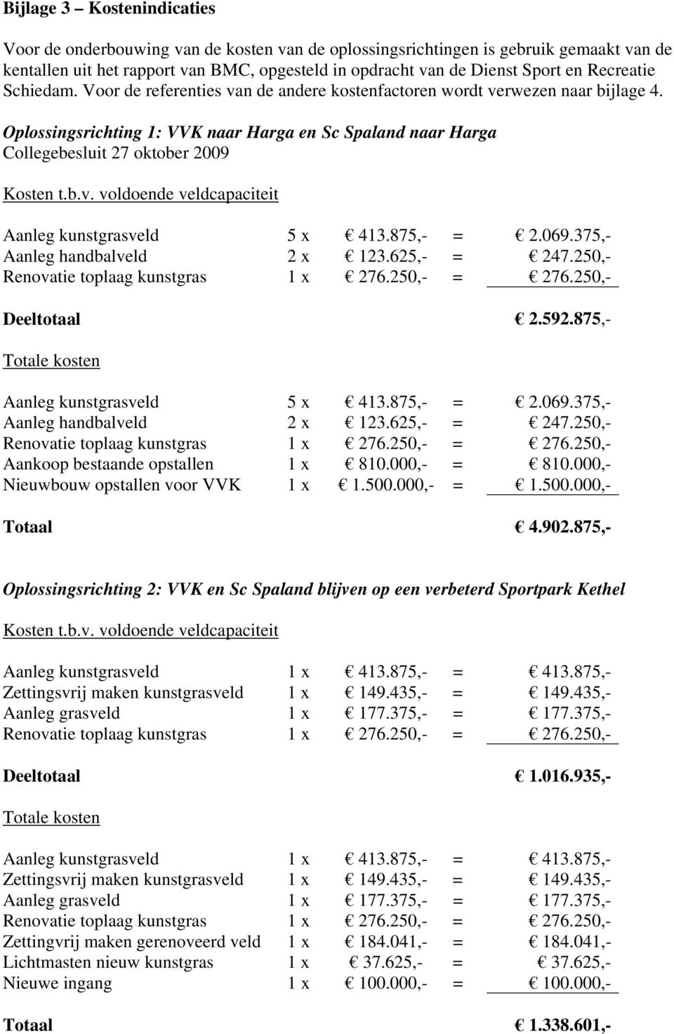 Oplossingsrichting 1: VVK naar Harga en Sc Spaland naar Harga Collegebesluit 27 oktober 2009 Kosten t.b.v. voldoende veldcapaciteit Aanleg kunstgrasveld 5 x 413.875,- = 2.069.