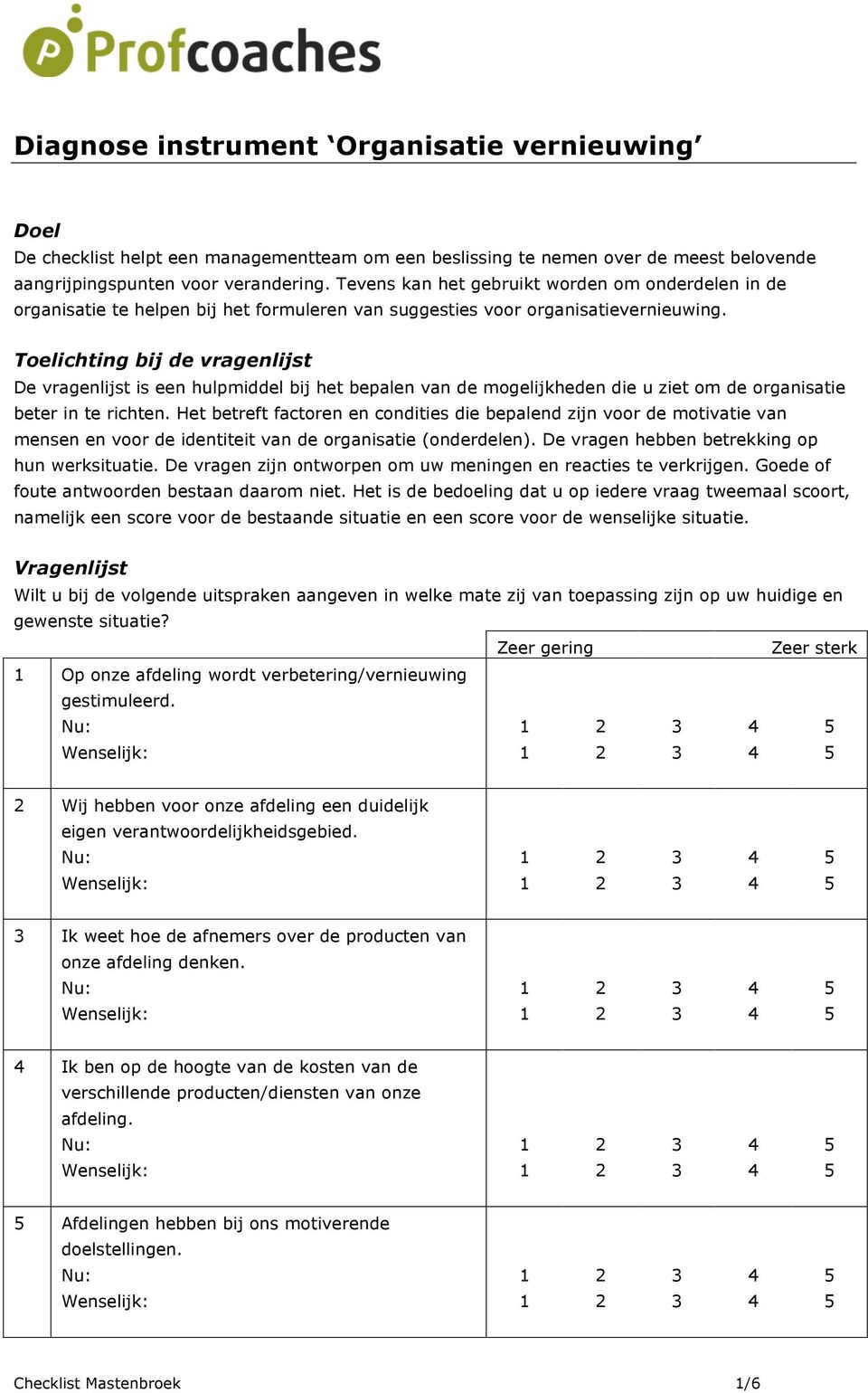 Toelichting bij de vragenlijst De vragenlijst is een hulpmiddel bij het bepalen van de mogelijkheden die u ziet om de organisatie beter in te richten.