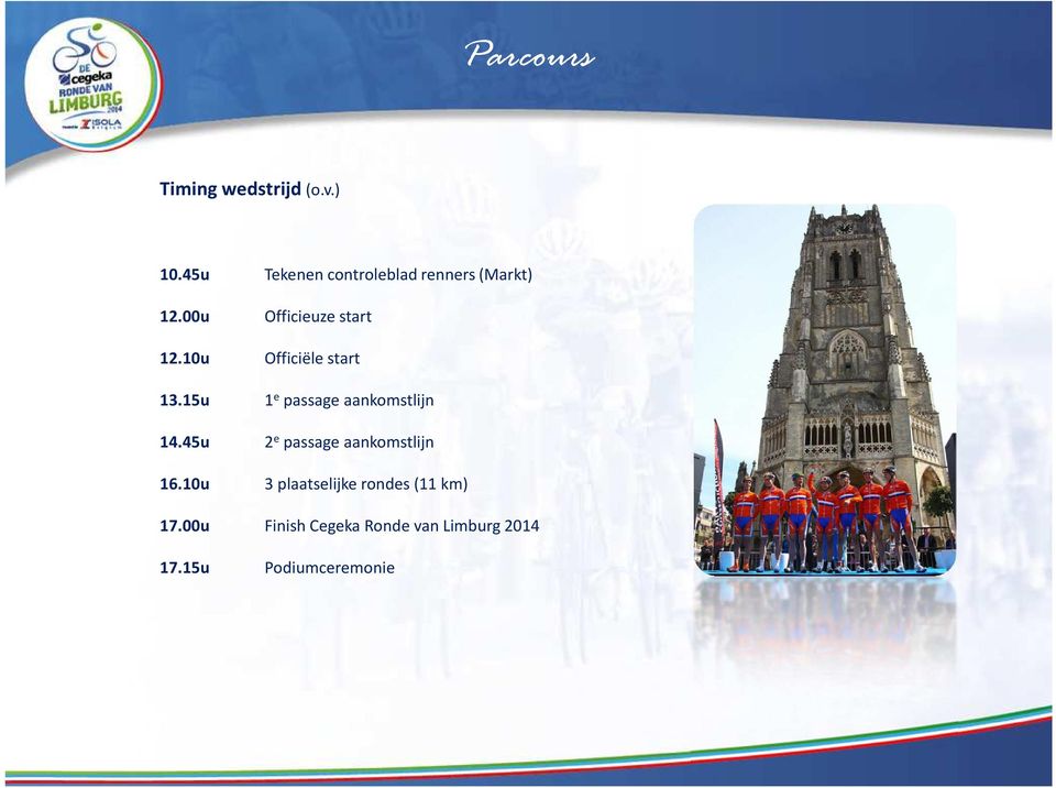 10u Officiële start 13.15u 1 e passage aankomstlijn 14.