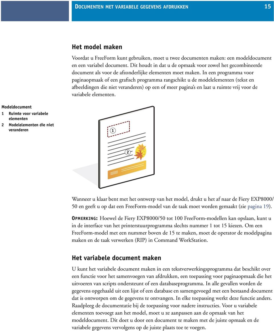 In een programma voor paginaopmaak of een grafisch programma rangschikt u de modelelementen (tekst en afbeeldingen die niet veranderen) op een of meer pagina s en laat u ruimte vrij voor de variabele