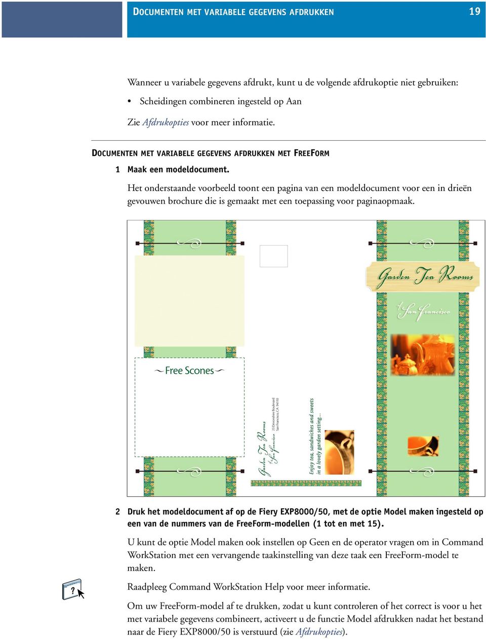 Het onderstaande voorbeeld toont een pagina van een modeldocument voor een in drieën gevouwen brochure die is gemaakt met een toepassing voor paginaopmaak.