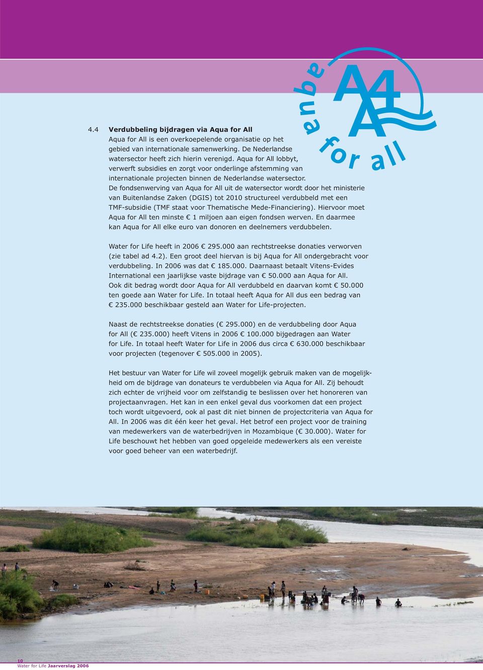 De fondsenwerving van Aqua for All uit de watersector wordt door het ministerie van Buitenlandse Zaken (DGIS) tot 2010 structureel verdubbeld met een TMF-subsidie (TMF staat voor Thematische