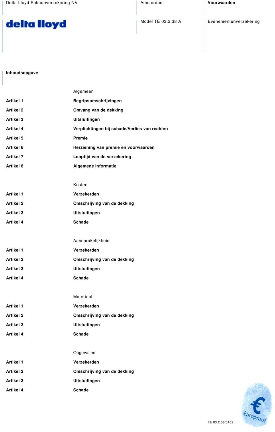 Begripsomschrijvingen Omvang van de dekking Verplichtingen bij schade/verlies van rechten Premie