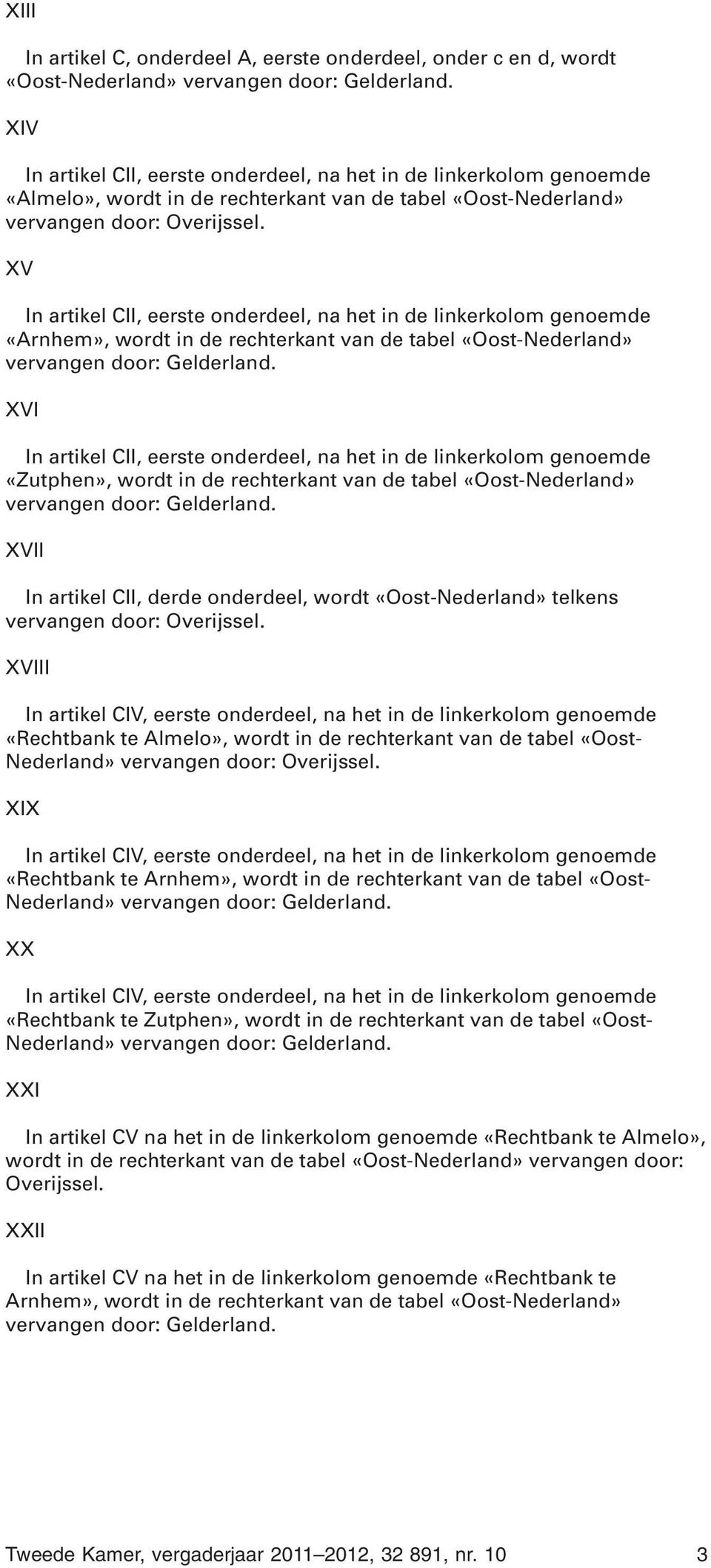 artikel CII, eerste onderdeel, na het in de linkerkolom genoemde «Zutphen», wordt in de rechterkant van de tabel «Oost-Nederland» vervangen door: XVII In artikel CII, derde onderdeel, wordt