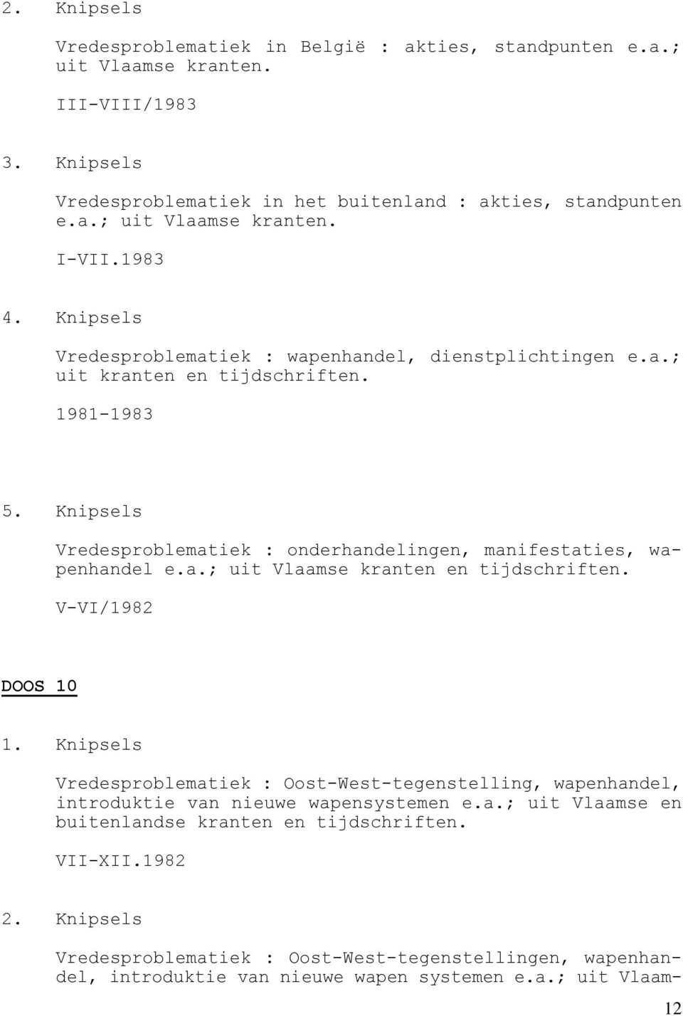 Knipsels Vredesproblematiek : onderhandelingen, manifestaties, wapenhandel e.a.; uit Vlaamse kranten en tijdschriften. V-VI/1982 DOOS 10 1.