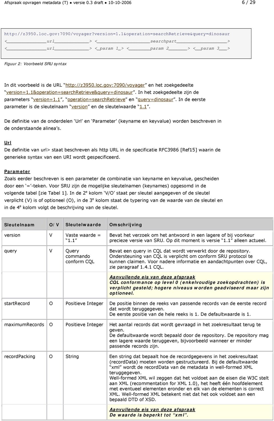 gov:7090/voyager en het zoekgedeelte version=1.1&operation=searchretrieve&query=dinosaur. In het zoekgedeelte zijn de parameters version=1.1, operation=searchretrieve en query=dinosaur.