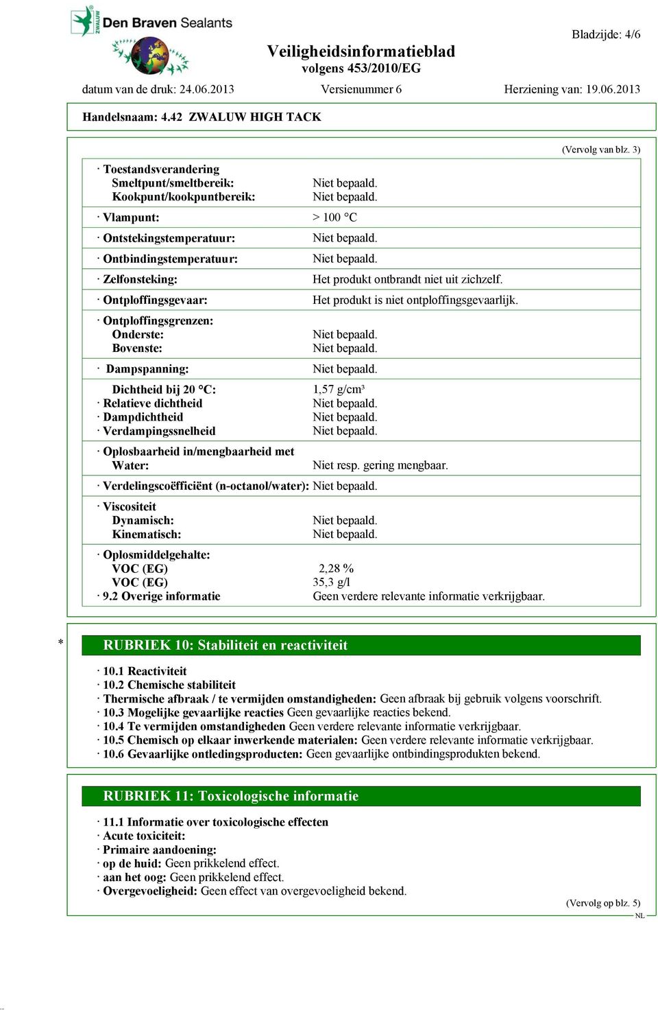 Ontploffingsgrenzen: Onderste: Bovenste: Dampspanning: Dichtheid bij 20 C: 1,57 g/cm³ Relatieve dichtheid Dampdichtheid Verdampingssnelheid Oplosbaarheid in/mengbaarheid met Water: