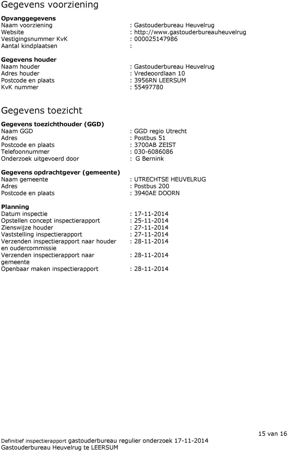 LEERSUM KvK nummer : 55497780 Gegevens toezicht Gegevens toezichthouder (GGD) Naam GGD : GGD regio Utrecht Adres : Postbus 51 Postcode en plaats : 3700AB ZEIST Telefoonnummer : 030-6086086 Onderzoek