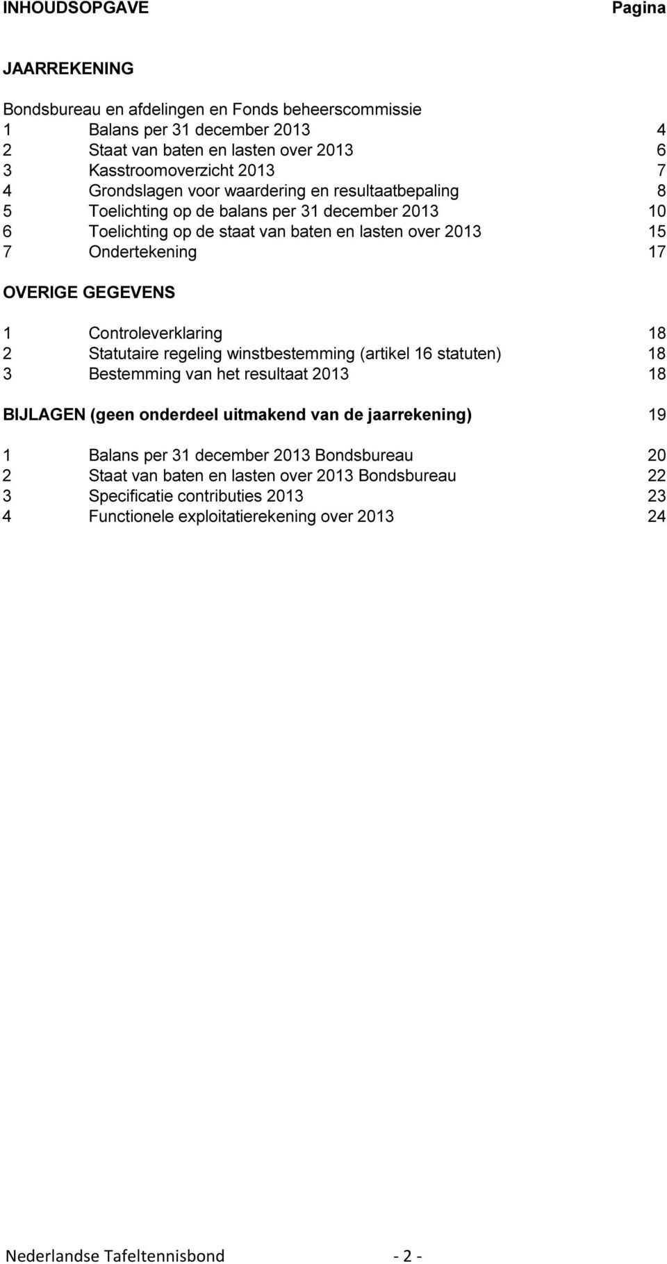 GEGEVENS 1 Controleverklaring 18 2 Statutaire regeling winstbestemming (artikel 16 statuten) 18 3 Bestemming van het resultaat 2013 18 BIJLAGEN (geen onderdeel uitmakend van de jaarrekening) 19 1