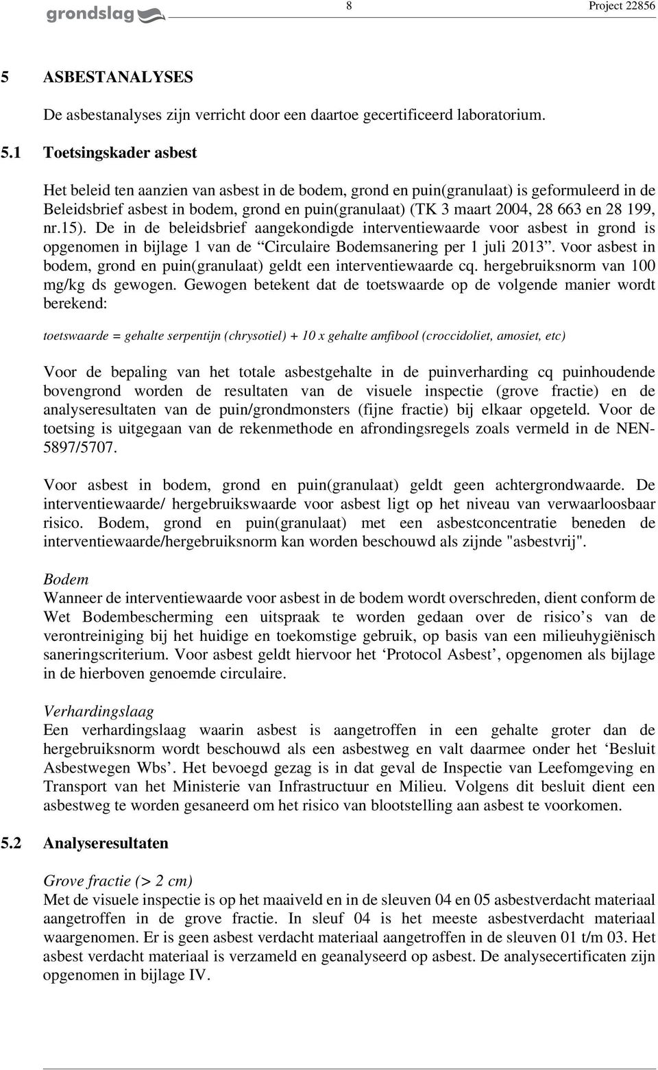 1 Toetsingskader asbest Het beleid ten aanzien van asbest in de bodem, grond en puin(granulaat) is geformuleerd in de Beleidsbrief asbest in bodem, grond en puin(granulaat) (TK 3 maart 24, 28 663 en