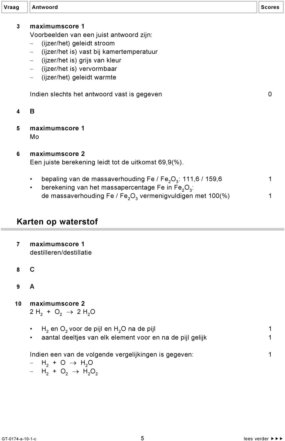 bepaling van de massaverhouding Fe / Fe 2 O 3 : 111,6 / 159,6 1 berekening van het massapercentage Fe in Fe 2 O 3 : de massaverhouding Fe / Fe 2 O 3 vermenigvuldigen met 100(%) 1 Karten op waterstof