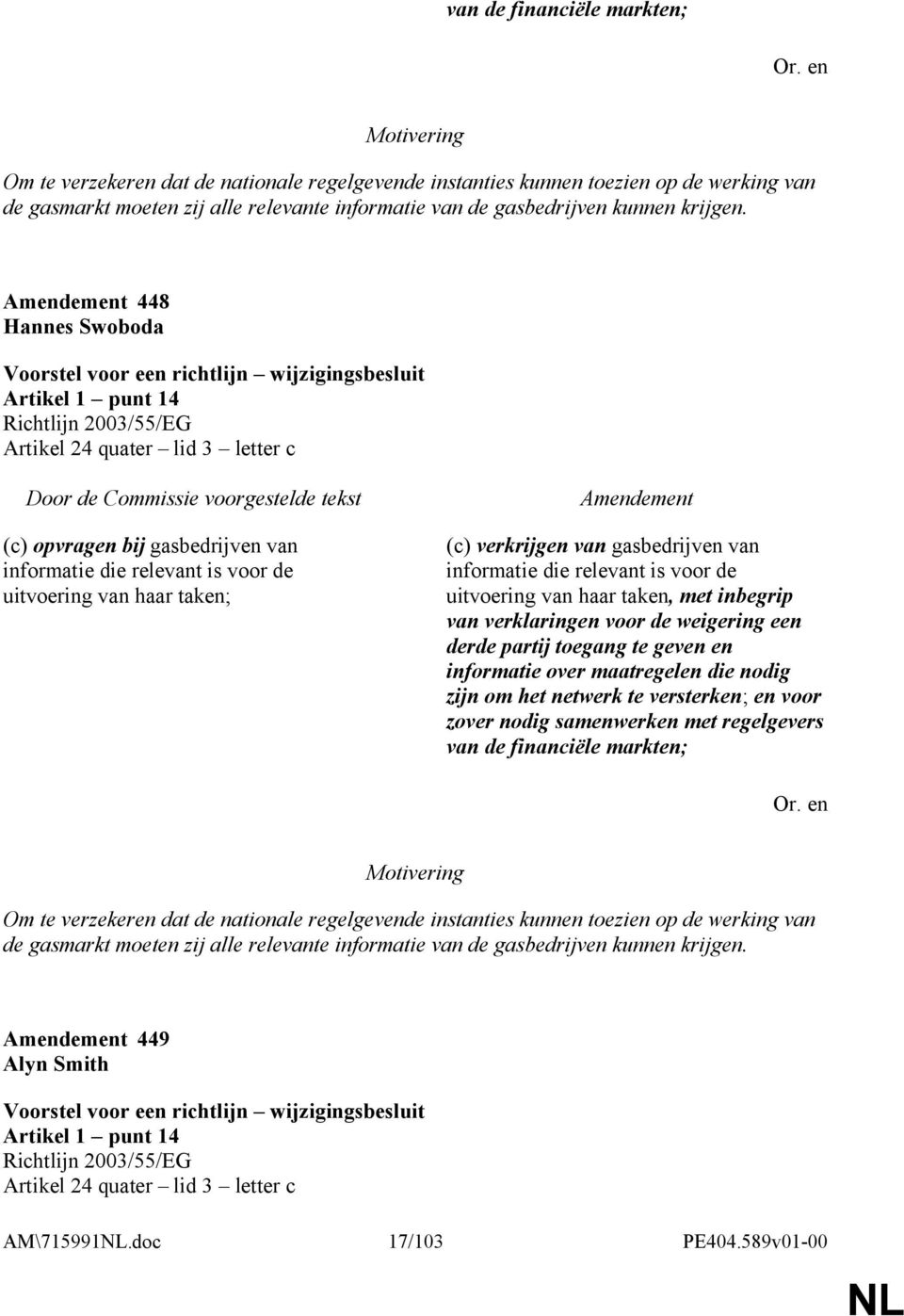 448 Hannes Swoboda Artikel 24 quater lid 3 letter c (c) opvragen bij gasbedrijven van informatie die relevant is voor de uitvoering van haar taken; (c) verkrijgen van gasbedrijven van informatie die