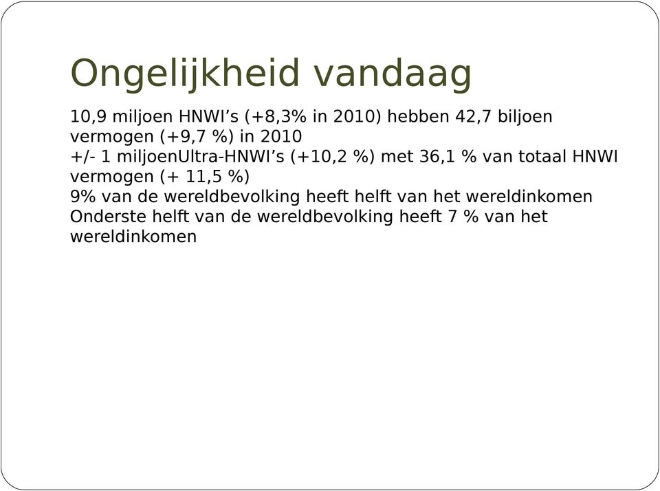 totaal HNWI vermogen (+ 11,5 %) 9% van de wereldbevolking heeft helft van het