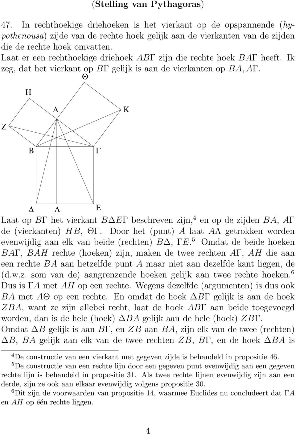 Θ Η Κ Ζ Λ Ε Laat op B het vierkant B E beschreven zijn, 4 en op de zijden BA, A de (vierkanten) HB, Θ. Door het (punt) A laat AΛ getrokken worden evenwijdig aan elk van beide (rechten) B, E.