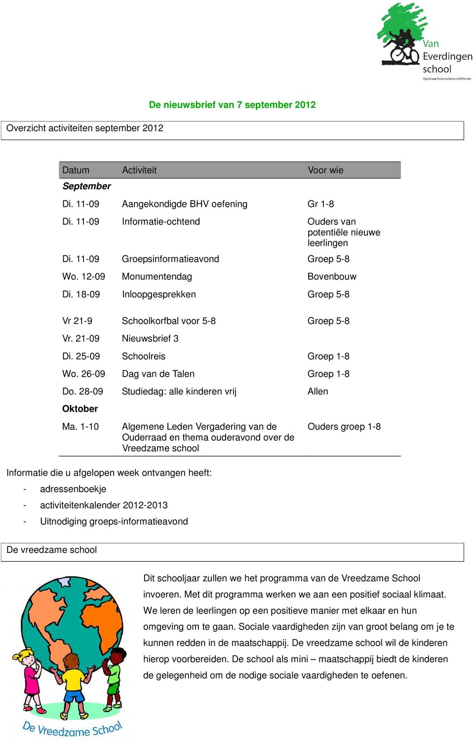 18-09 Inloopgesprekken Groep 5-8 Vr 21-9 Schoolkorfbal voor 5-8 Groep 5-8 Vr. 21-09 Nieuwsbrief 3 Di. 25-09 Schoolreis Groep 1-8 Wo. 26-09 Dag van de Talen Groep 1-8 Do.