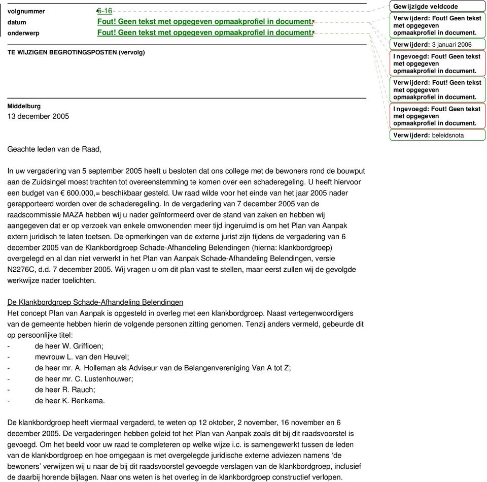 september 2005 heeft u besloten dat ons college met de bewoners rond de bouwput aan de Zuidsingel moest trachten tot overeenstemming te komen over een schaderegeling.