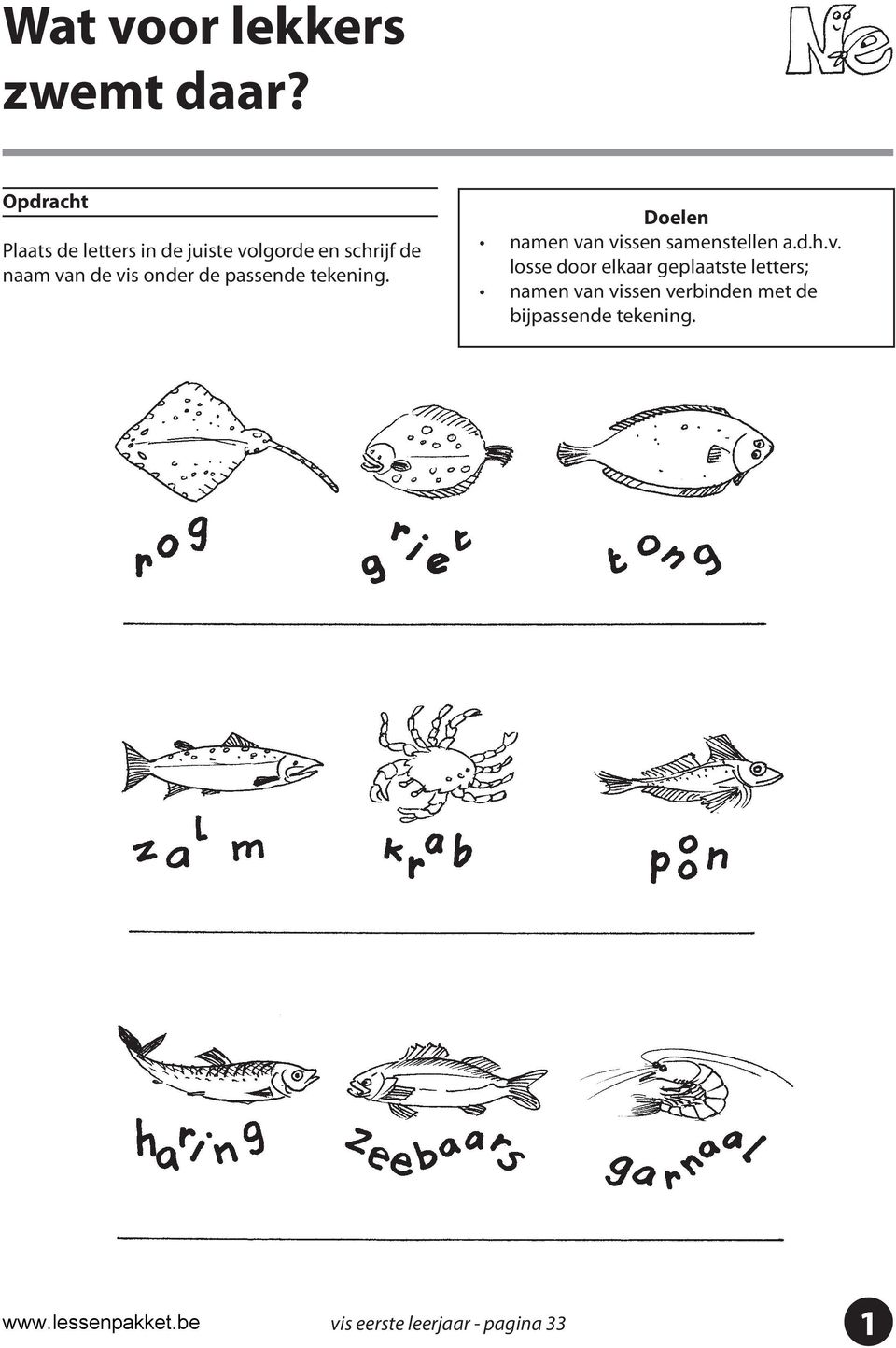 vis onder de passende tekening. namen van vissen samenstellen a.d.h.v.