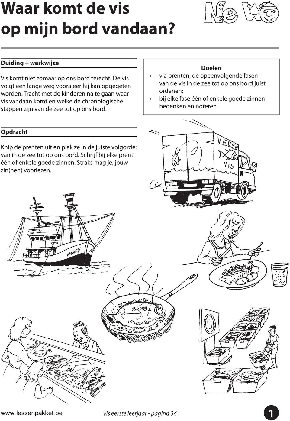 via prenten, de opeenvolgende fasen van de vis in de zee tot op ons bord juist ordenen; bij elke fase één of enkele goede zinnen bedenken en noteren.