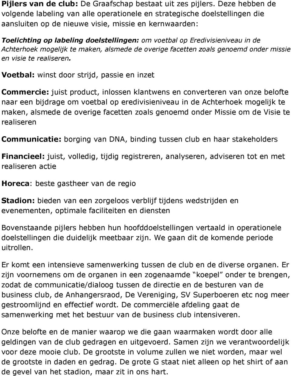 Eredivisieniveau in de Achterhoek mogelijk te maken, alsmede de overige facetten zoals genoemd onder missie en visie te realiseren.