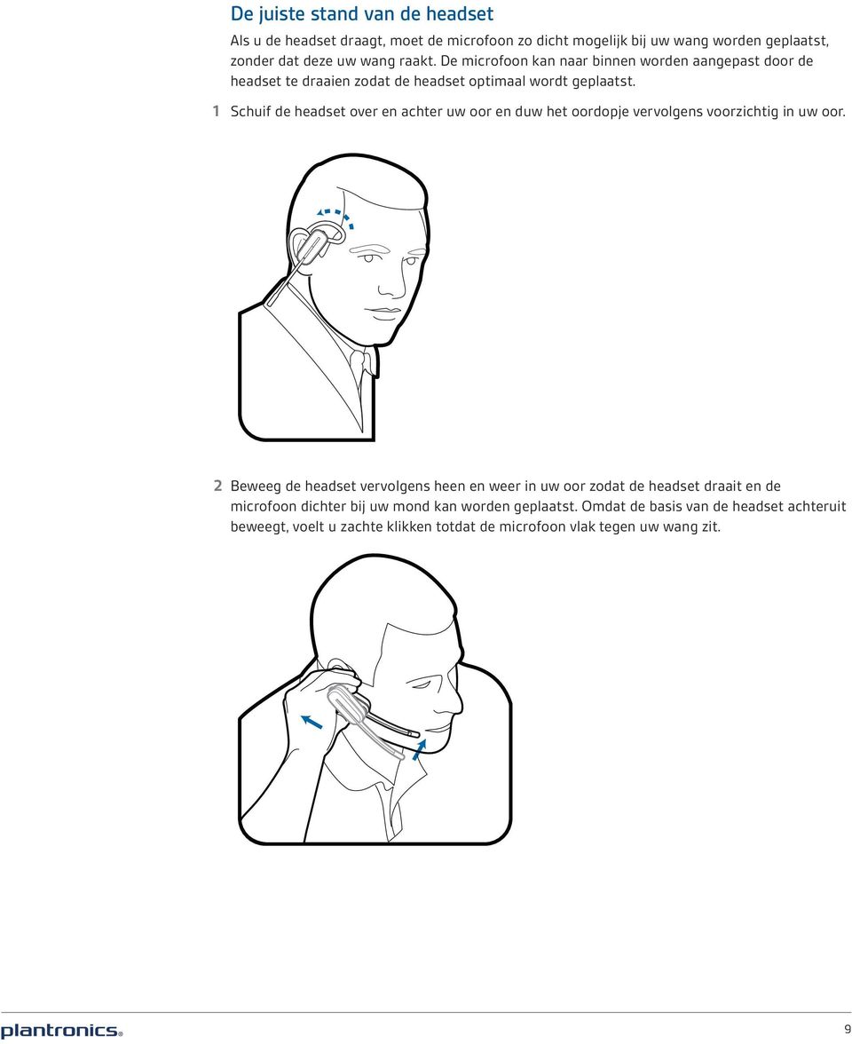 1 Schuif de headset over en achter uw oor en duw het oordopje vervolgens voorzichtig in uw oor.
