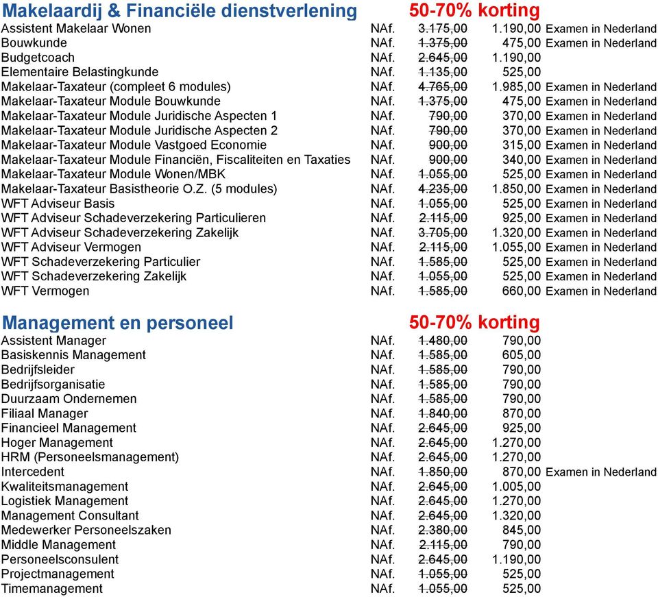 790,00 370,00 Examen in Nederland Makelaar-Taxateur Module Juridische Aspecten 2 NAf. 790,00 370,00 Examen in Nederland Makelaar-Taxateur Module Vastgoed Economie NAf.