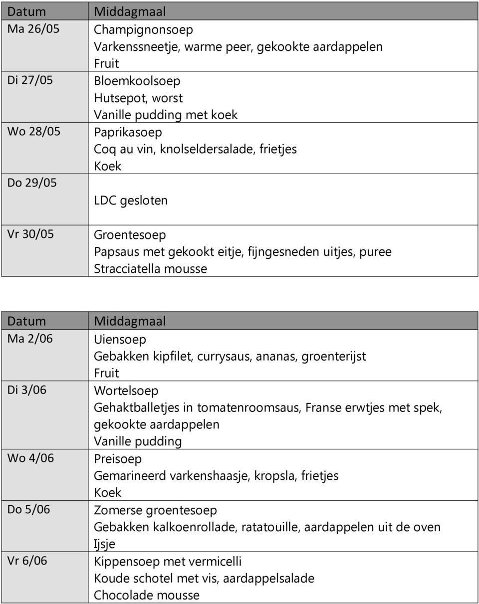 ananas, groenterijst Gehaktballetjes in tomatenroomsaus, Franse erwtjes met spek, gekookte aardappelen Vanille pudding Gemarineerd varkenshaasje, kropsla,