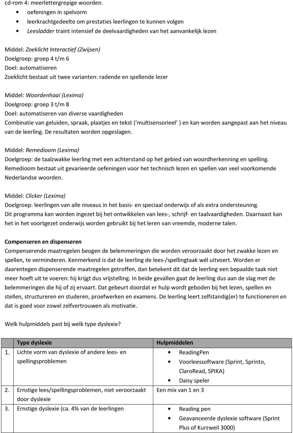 Doelgroep: groep 4 t/m 6 Doel: automatiseren Zoeklicht bestaat uit twee varianten: radende en spellende lezer Middel: Woordenhaai (Lexima) Doelgroep: groep 3 t/m 8 Doel: automatiseren van diverse