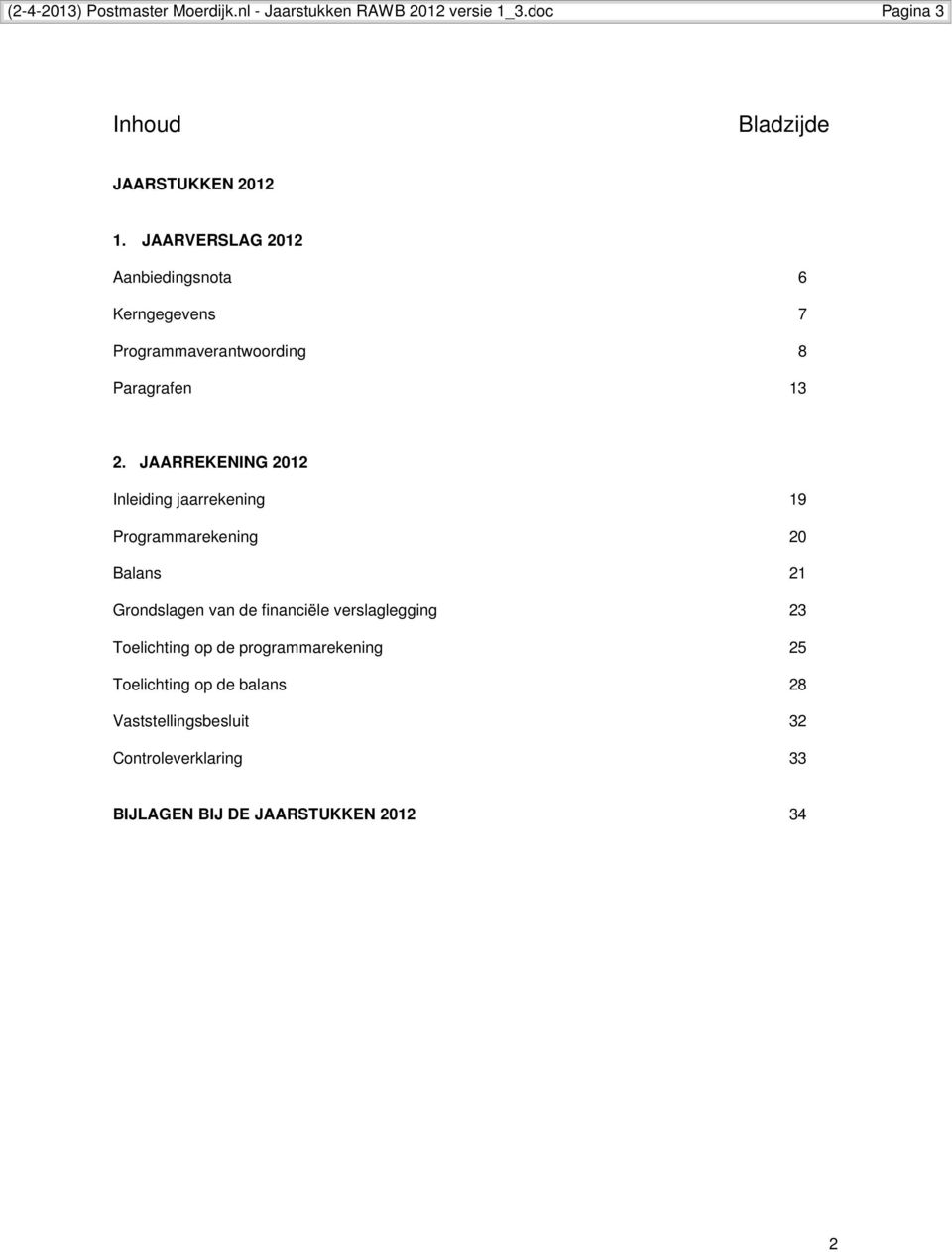 JAARREKENING 2012 Inleiding jaarrekening 19 Programmarekening 20 Balans 21 Grondslagen van de financiële verslaglegging