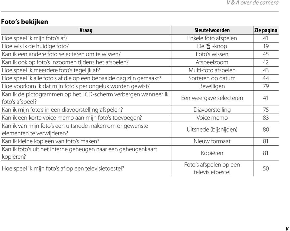 Multi-foto afspelen 43 Hoe speel ik alle foto s af die op een bepaalde dag zijn gemaakt? Sorteren op datum 44 Hoe voorkom ik dat mijn foto s per ongeluk worden gewist?