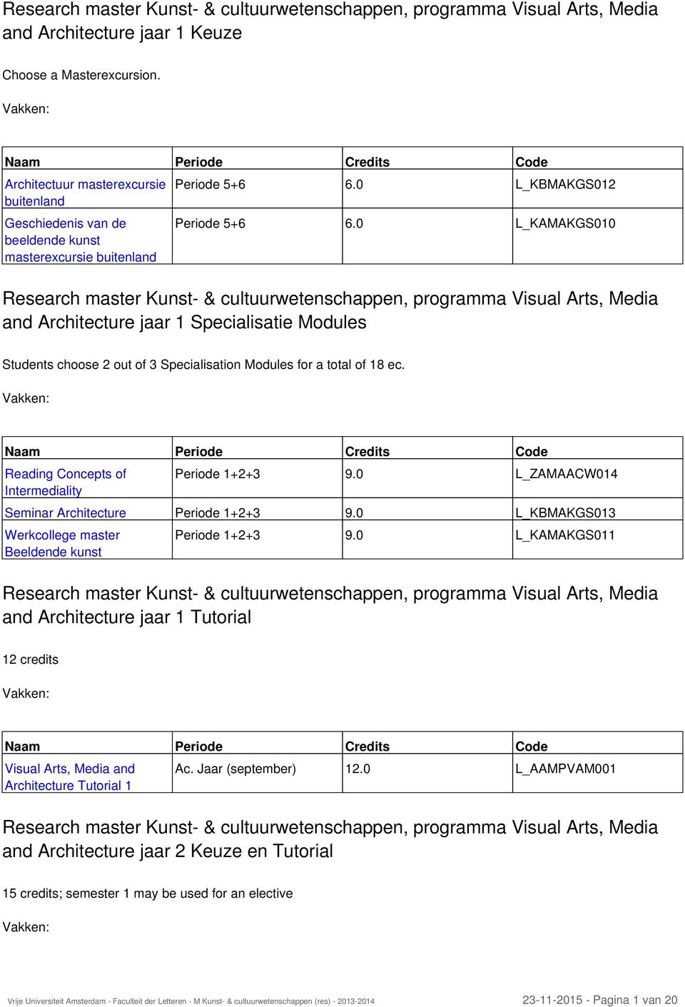 0 L_KAMAKGS010 Research master Kunst- & cultuurwetenschappen, programma Visual Arts, Media and Architecture jaar 1 Specialisatie Modules Students choose 2 out of 3 Specialisation Modules for a total