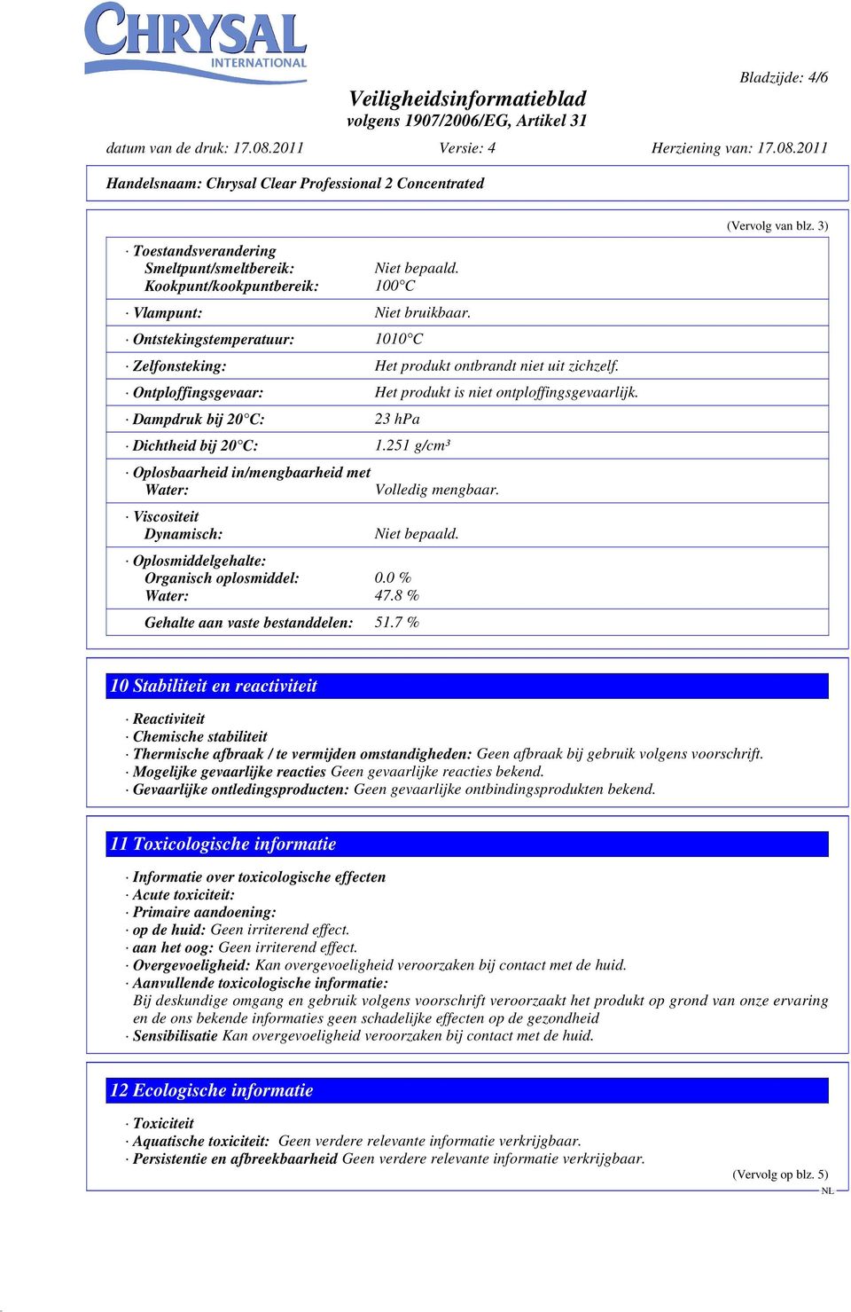 251 g/cm³ Oplosbaarheid in/mengbaarheid met Water: Viscositeit Dynamisch: Volledig mengbaar. Niet bepaald. Oplosmiddelgehalte: Organisch oplosmiddel: 0.0 % Water: 47.