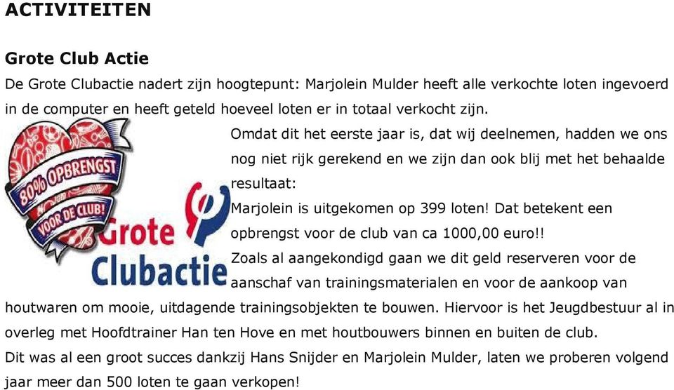 Dat betekent een opbrengst voor de club van ca 1000,00 euro!