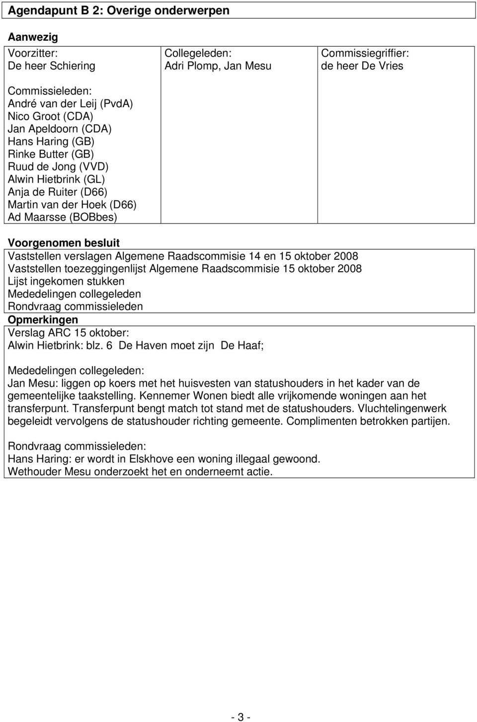 6 De Haven moet zijn De Haaf; Mededelingen collegeleden: Jan Mesu: liggen op koers met het huisvesten van statushouders in het kader van de gemeentelijke taakstelling.